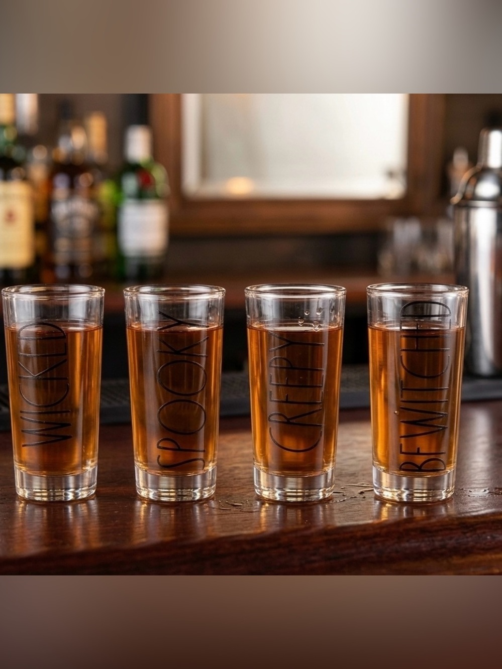 LMT: Rae Dunn Set of Four Shooter Halloween Glasses
